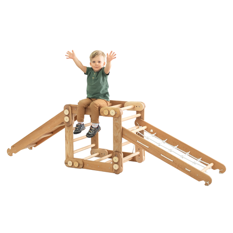 3in1 Montessori Climbing Frame Set: Snake Ladder + Slide Board/Ramp + Net – Beige
