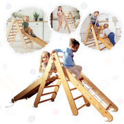 3in1 Montessori Climbing Frame Set: Triangle Ladder + Net + Slide Board/Ramp - Beige