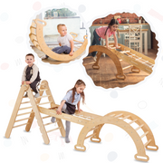 3in1 Montessori Climbing Set: Triangle Ladder + Arch/Rocker Balance + Slide Board – Chocolate