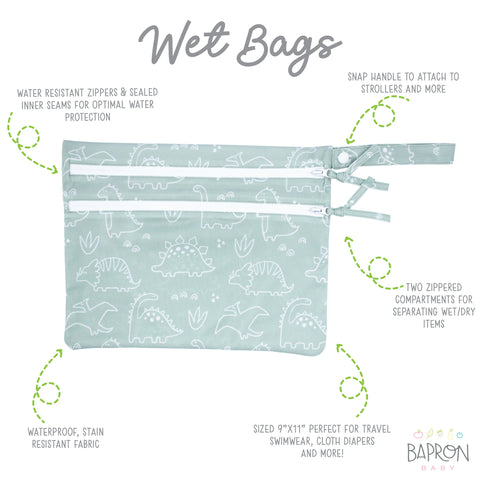 Dino Friends - Sage - Waterproof Wet Bag (For mealtime, on-the-go, and more!)